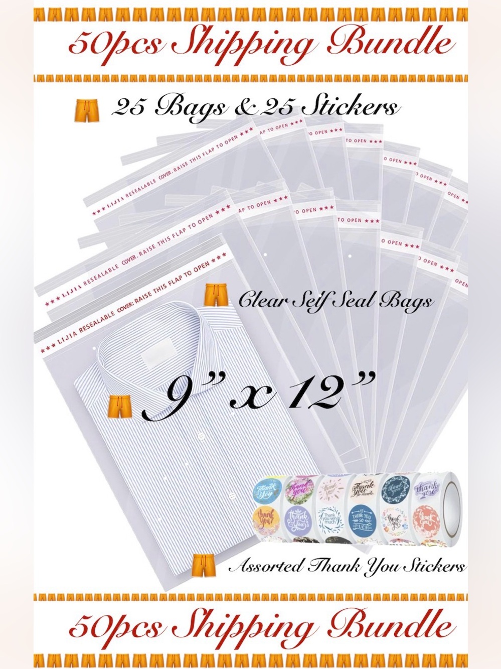 50pcs - 9x12” Clear Shipping Bundle 🩳🆕🩳
25ct 9”x 12” Bag & 25ct Stickers